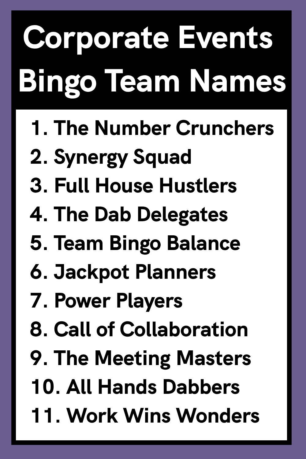 Corporate Events Bingo Team Names